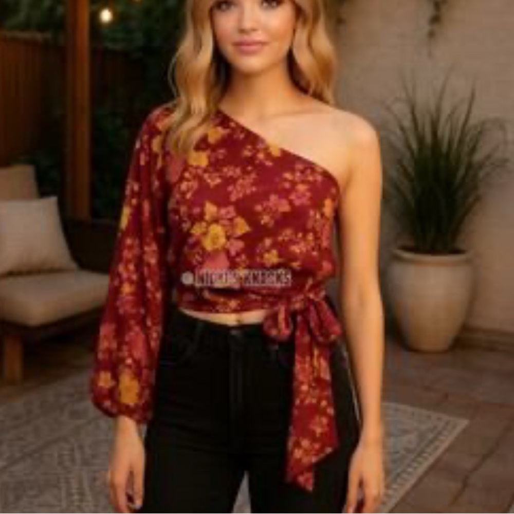 RACHEL Rachel Roy Burgundy Floral One-Shoulder Blouse